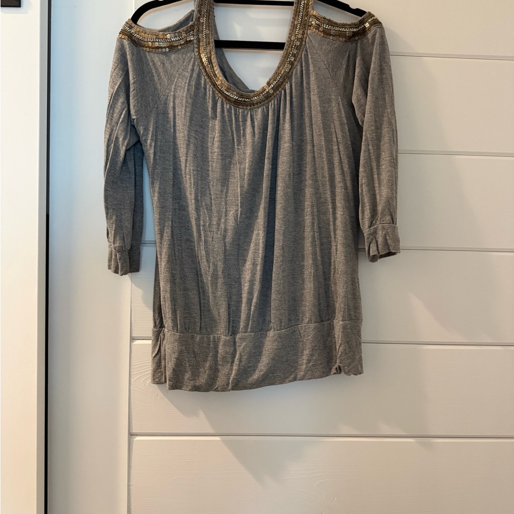 Cache Gray Cold-Shoulder Top with Gold Sequin Trim